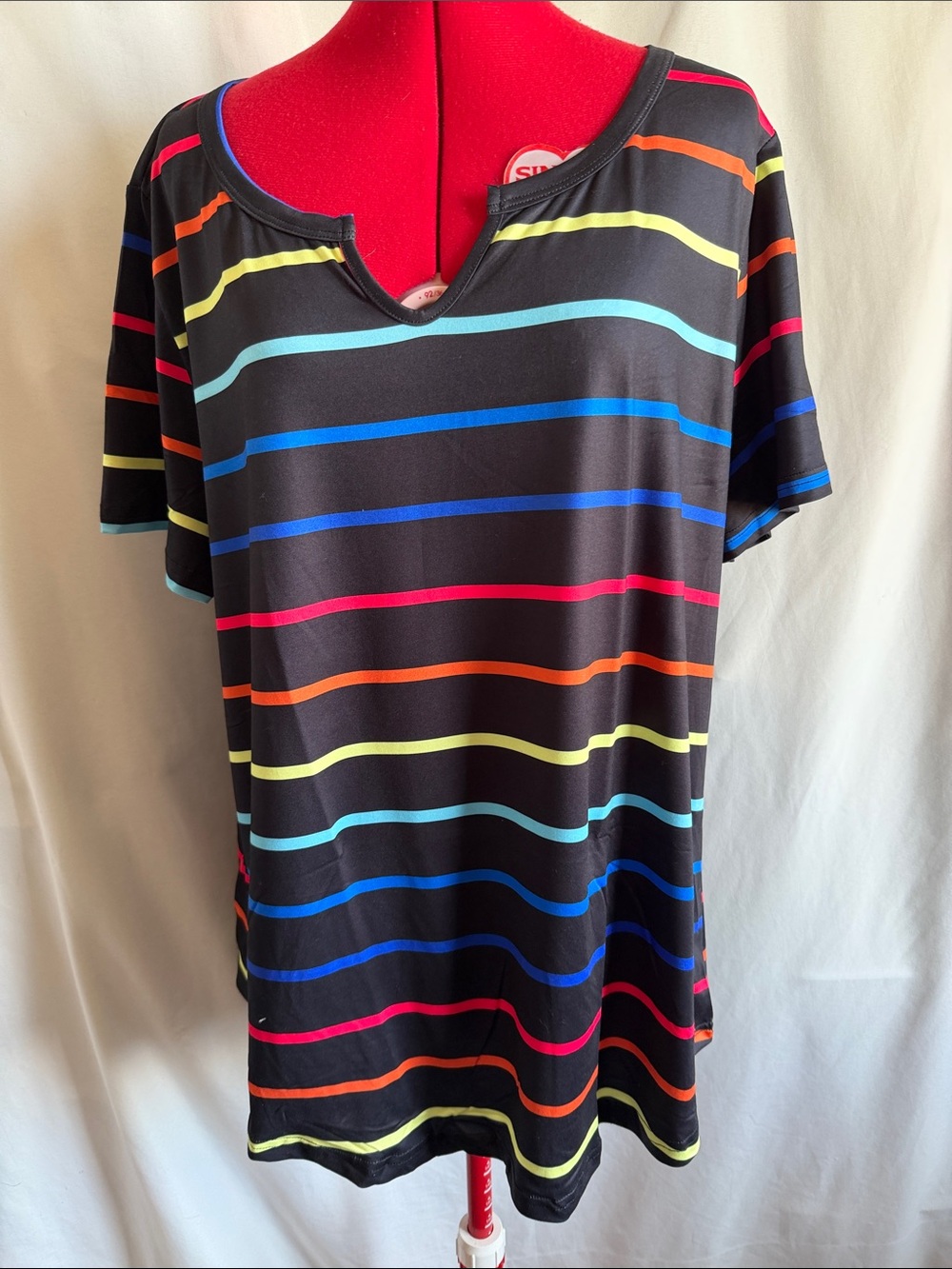 Women’s Short Sleeve Black Tee with Multicolor Stripes